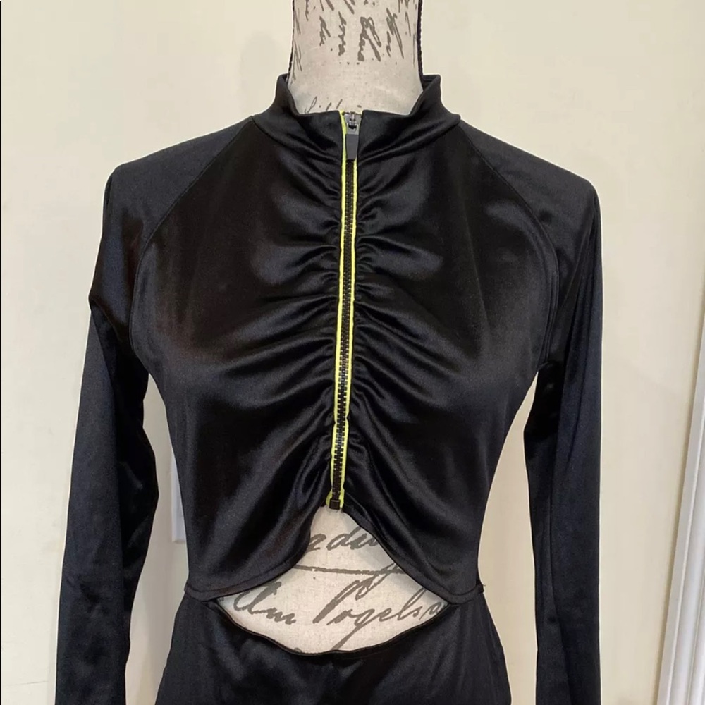 Urban Outfitters Romper Zip Front Cut Out Black Shiny Stretch Biker To Bar